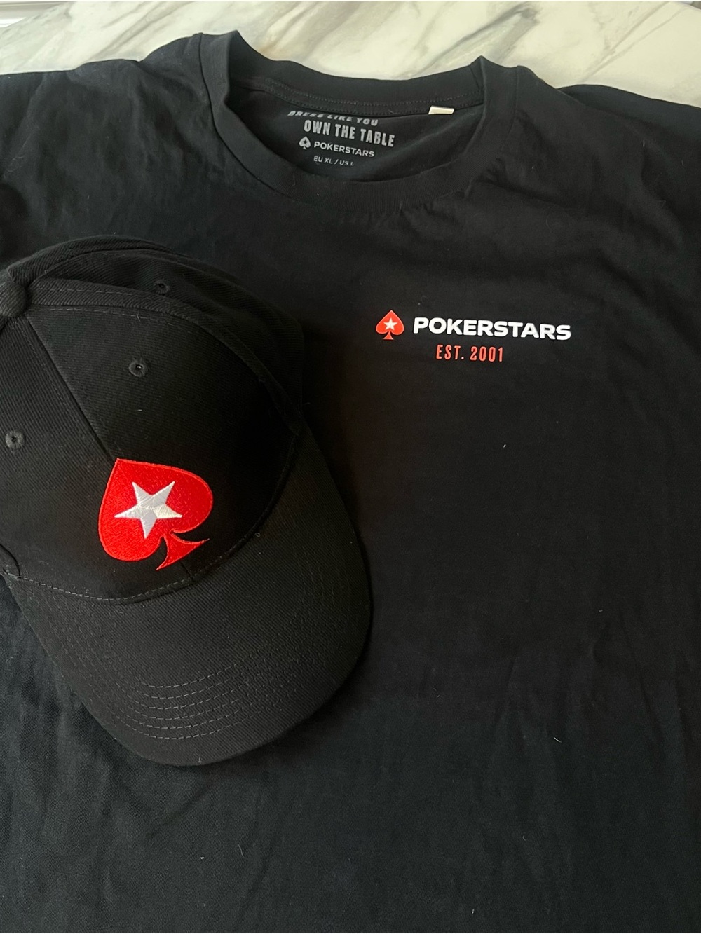 NEW PokerStars Black Logo Tee sz L & Cap Set - Red Spade Accent